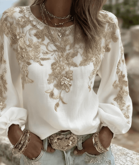 Women's Vintage Rose Embroidery Puff Sleeve Casual Round Neck Long Sleeve Top