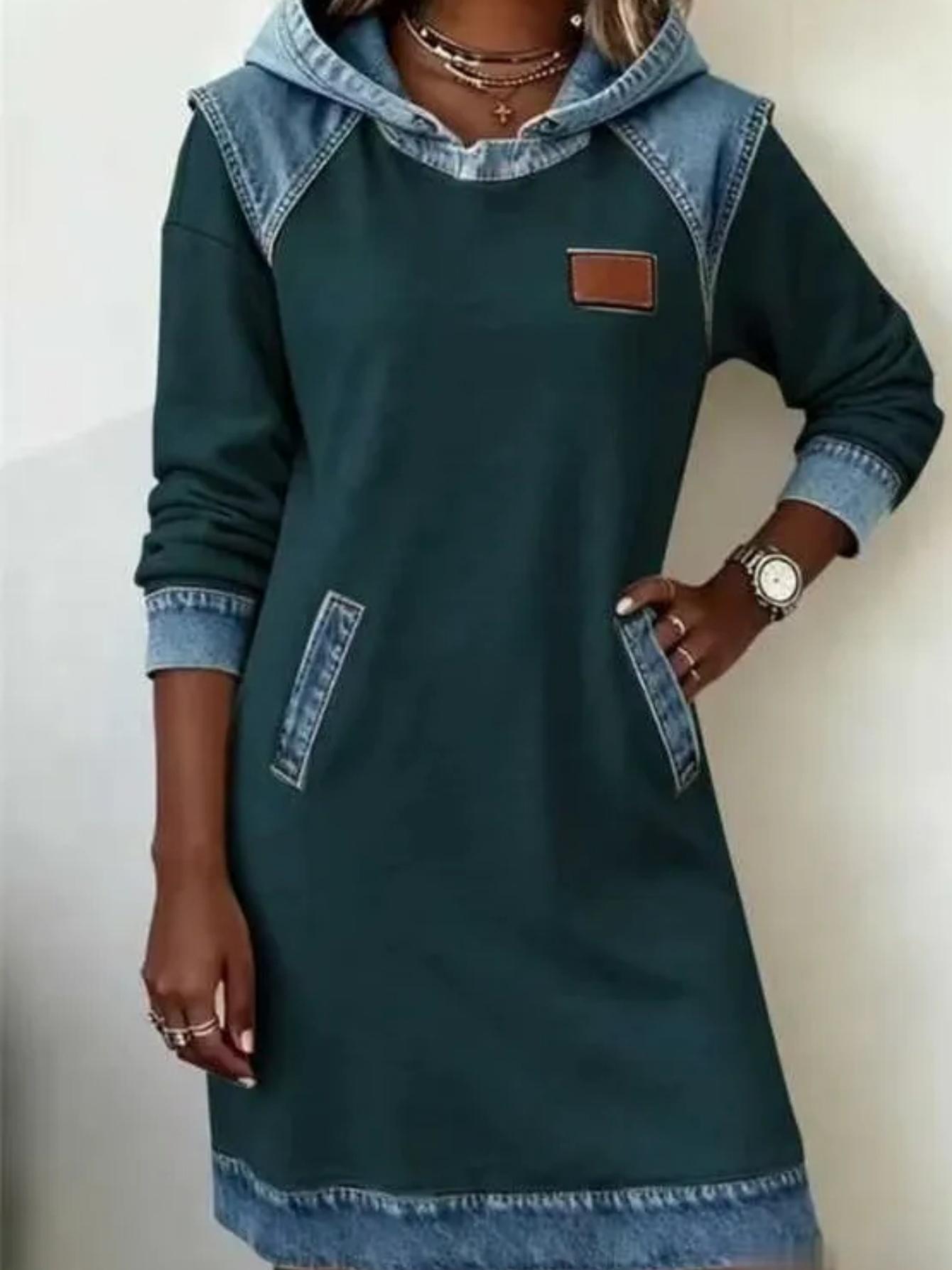 Casual Hooded Denim Color-block Loose Women's Long-sleeved Mid-length Sweatshirt Dress