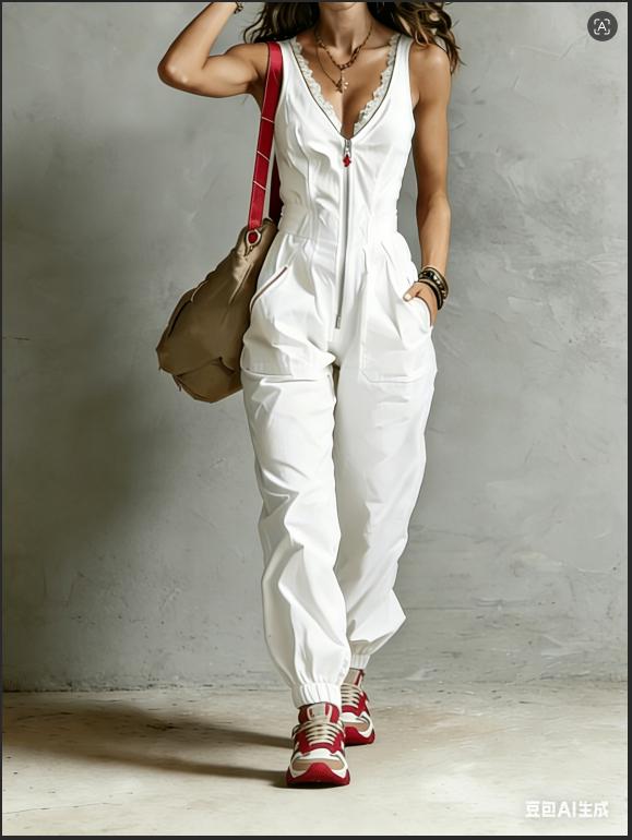 New White Flame Lace V-neck Zipper Workwear Jumpsuit For Spring 2026