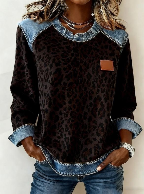 Casual Round Neck Color-blocked Printed Long-sleeved Loose Top