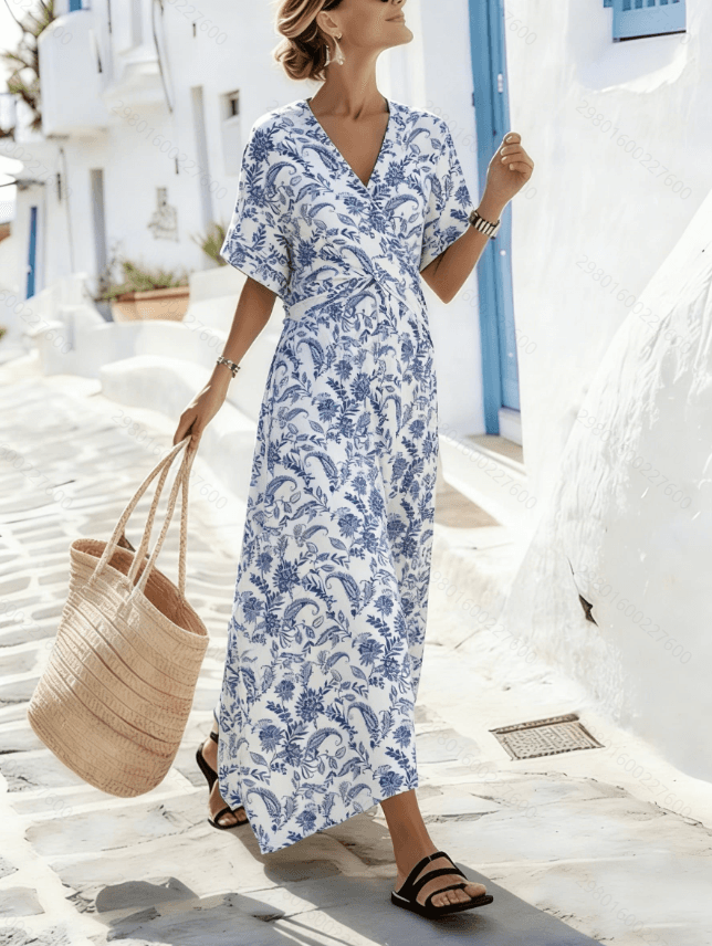 V-neck Short Sleeved Floral Long Skirt