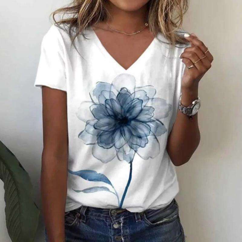 Watercolor Floral Print V-Neck T-Shirt