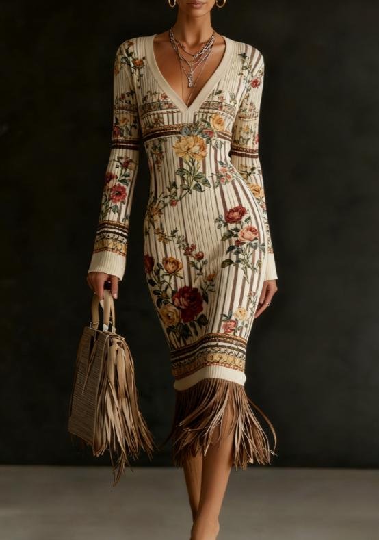 Tassel-trimmed V-neck Knitted Casual Dress