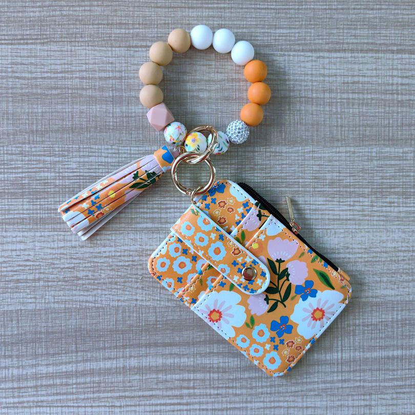 Womens Silicone Bead Bracelet Keychain Cardholder