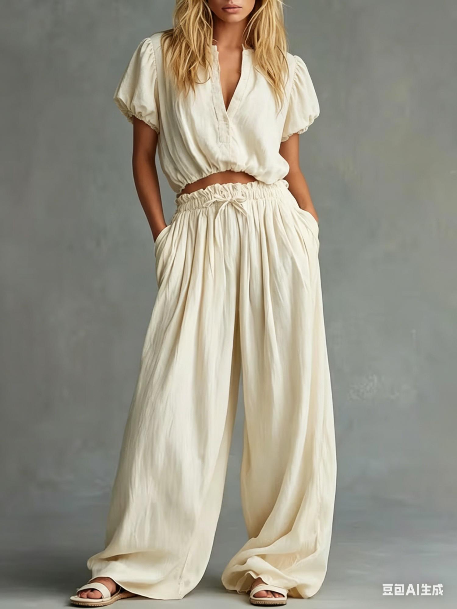 2026 New Light Blue Bubble Sleeve V-neck Short Top Elastic Waist Wide Leg Pants Set