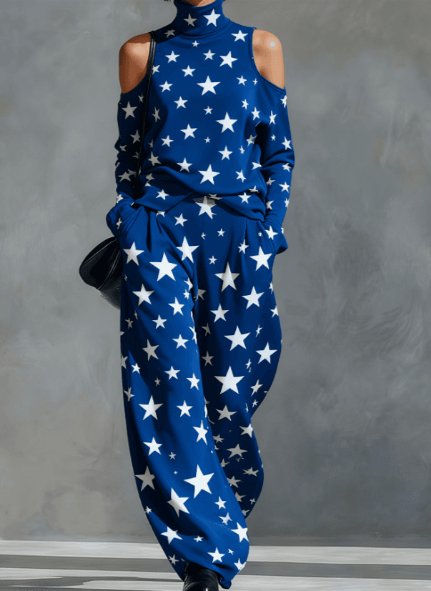 European And American Style Off-the-shoulder Turtleneck Loose Wide-leg Pants Two-piece Casual Fashion Set