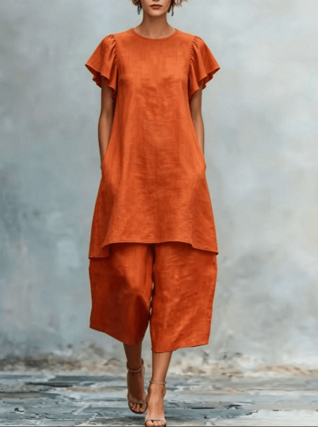 Round Neck Ruffle Short Sleeve Tunic Top And Wide Leg Cropped Linen Two Piece Set