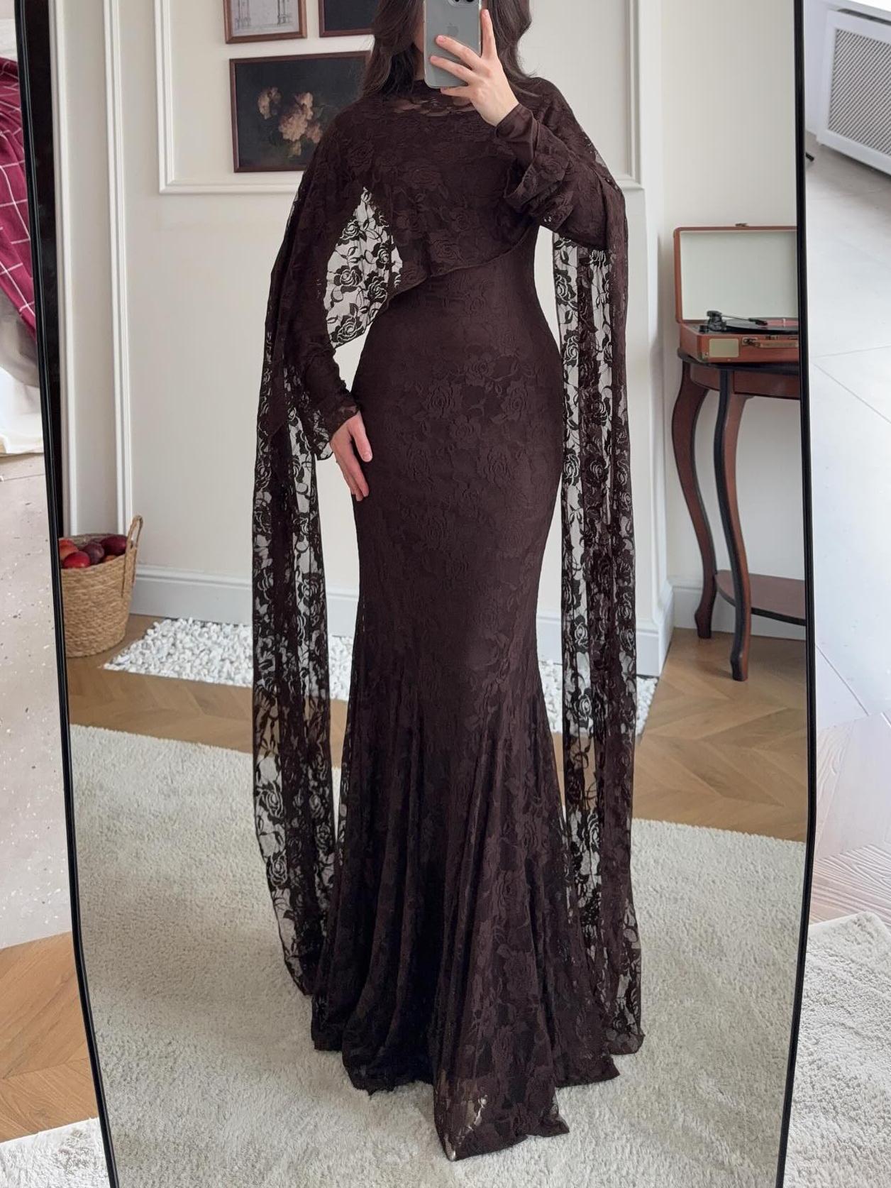 Ark Brown Lace Long Sleeve Mermaid Train Gown