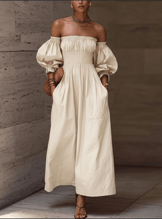 3 Color Option Off Shoulder Puff Sleeve Smocked Waist Pocketed Flowy Maxi Dress