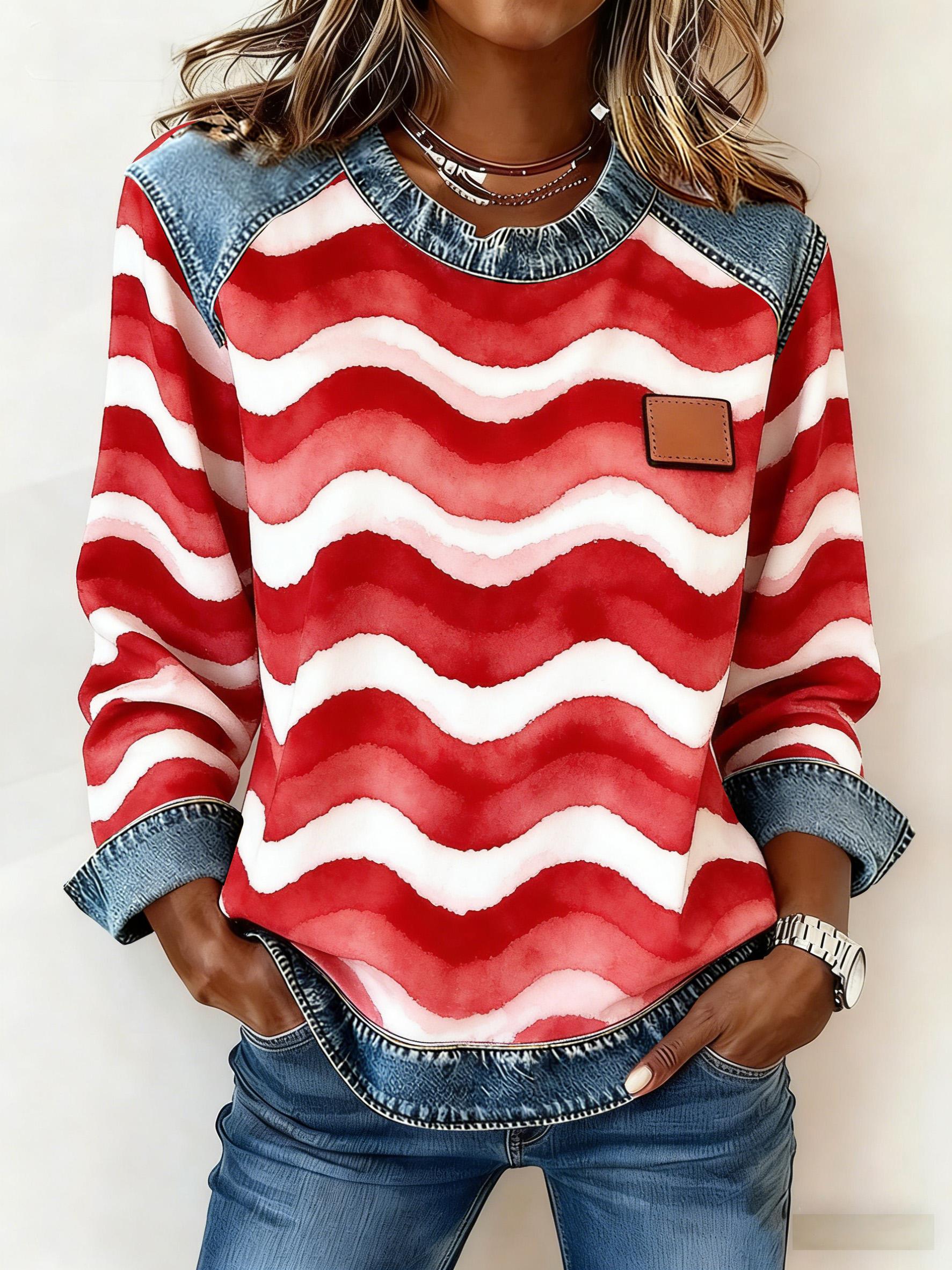 Casual Round Neck Color-blocked Printed Long-sleeved Loose Top