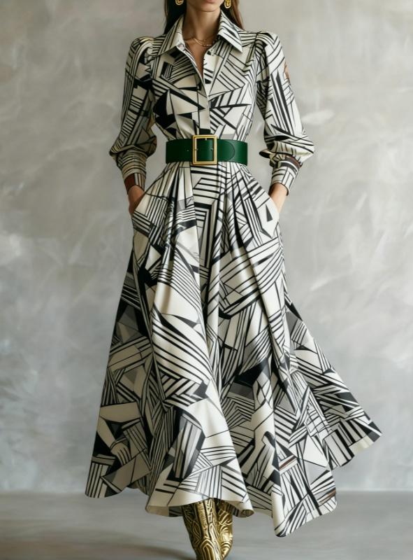 Waist-cinching Shirt Collar Casual Long Dress
