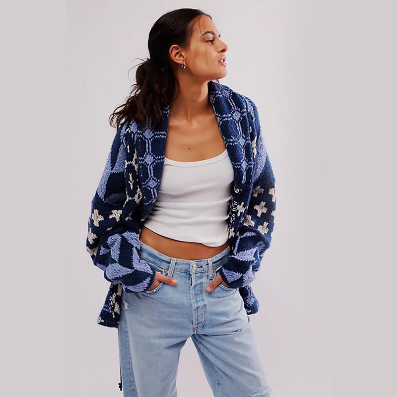 Abstract Print Turn-Neck Loose-Fit Long-Sleeve Knitted Sweater For Women