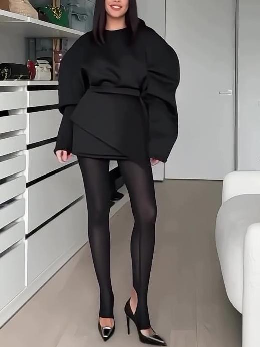 Black Oversized Puffed-sleeve Asymmetrical Mini Dress