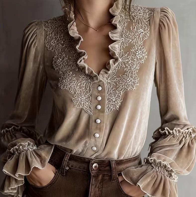 Retro Ruffled Collar Button-down Flared Sleeve Shirt