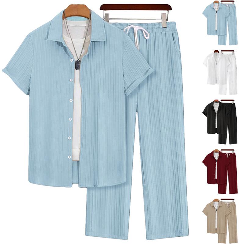 Mens Plus-Size Casual Loose Short-Sleeve Shirt And Pants Set