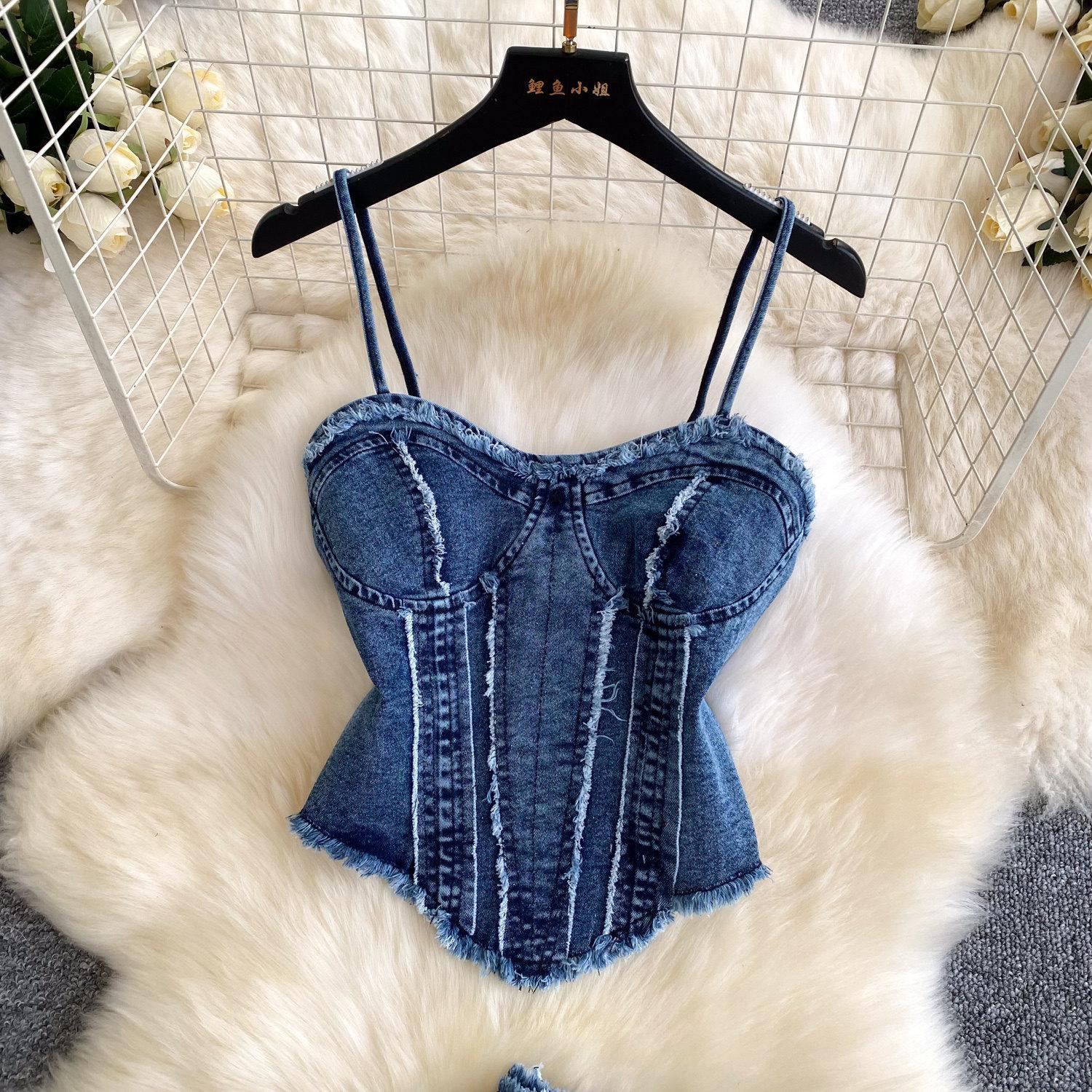New Style Chic Streetwear Denim Cami Top And Slim-fit Pants Two-piece Set