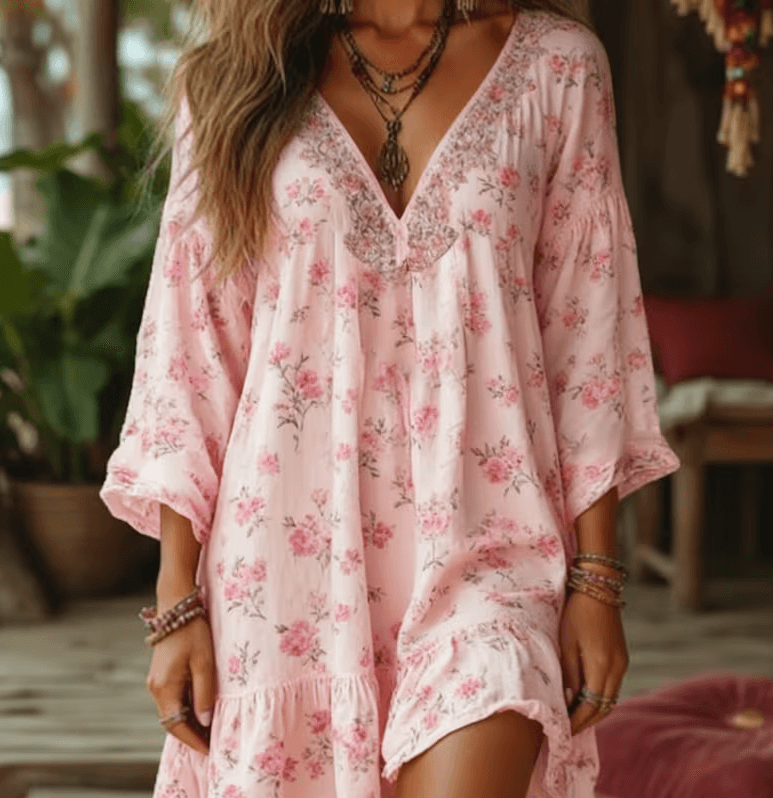 Sweet Floral Print V-neck Loose-fitting Women's Three-quarter Length Lantern Sleeve Mid-length Vacation Dress