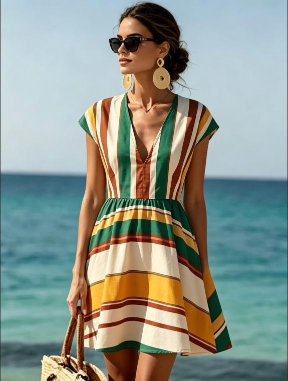 Multicolor Horizontal Stripe Deep V Neck Cap Sleeve Waist Tie Flared Mini Dress
