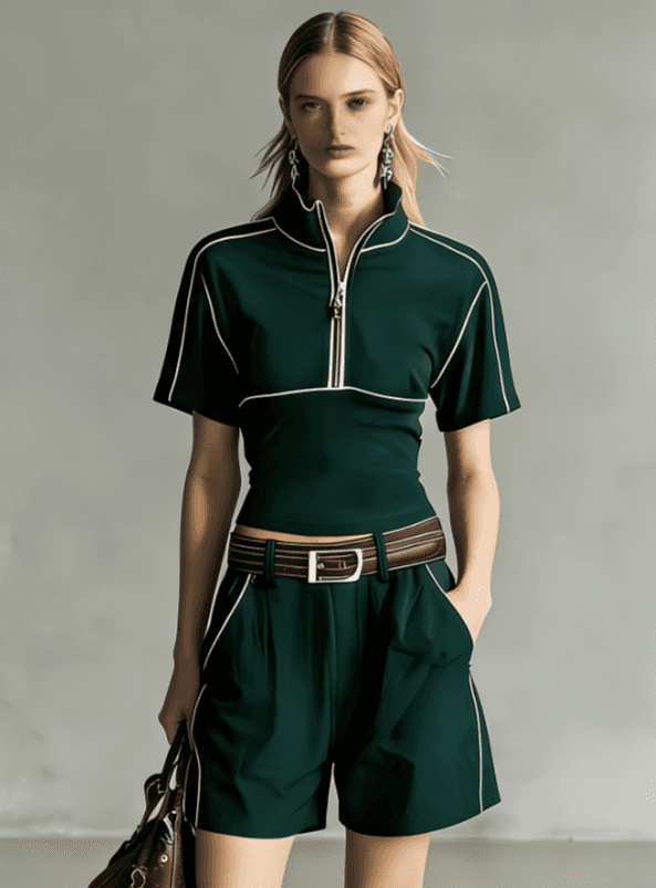 Standing Collar Semi-zip Color-blocked Casual Set