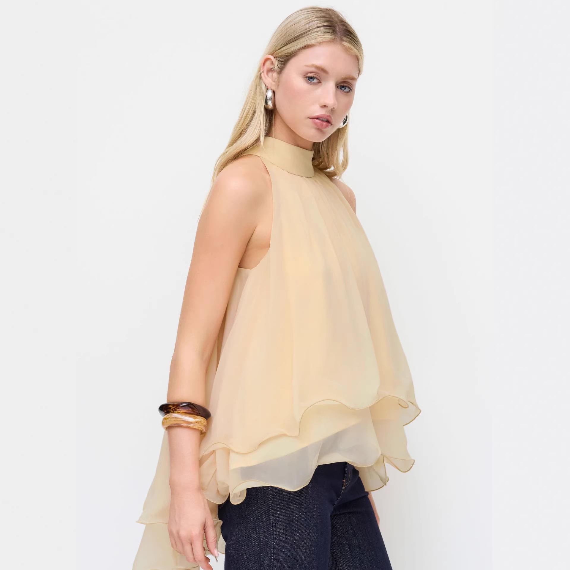 Sweet-style Womens Summer Chiffon Top Figure-flattering Ruffled Frill French Halterneck Blouse