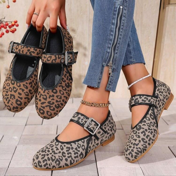 Leopard-print Belt Buckle Round-toe Sling-back Flats