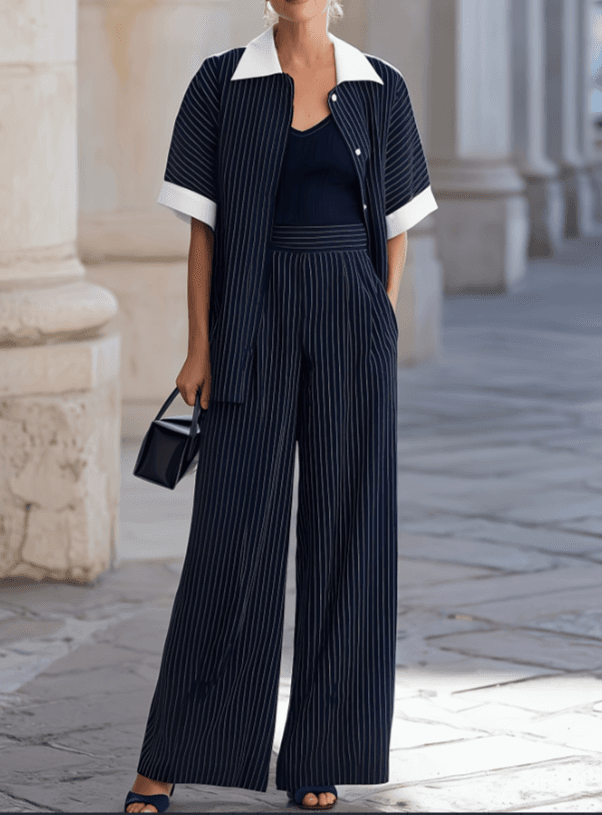 Navy Blue Striped Contrasting Collar Short Sleeved Shirtand  High Waist Wide Leg Pants Set