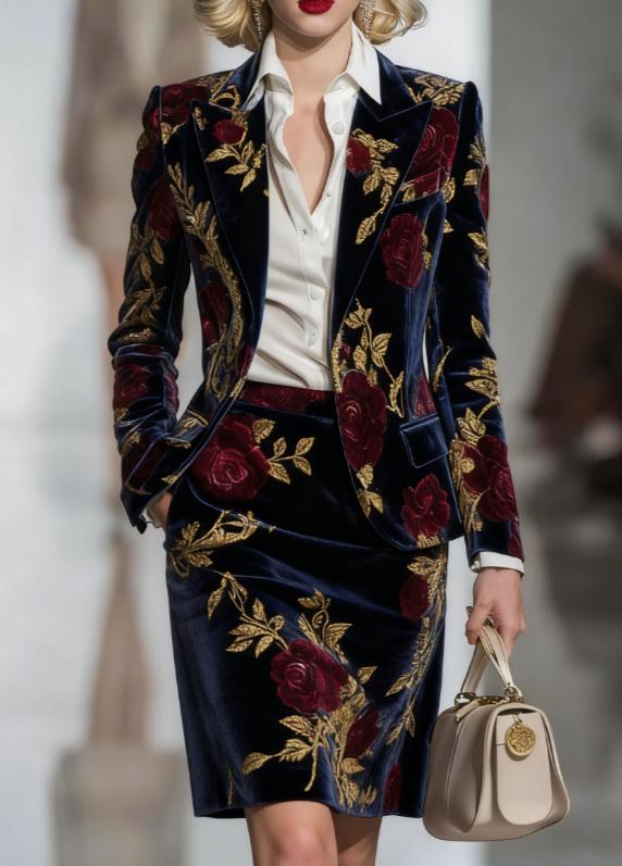 Elegant Velvet Printed Suit And Pencil Skirt Set