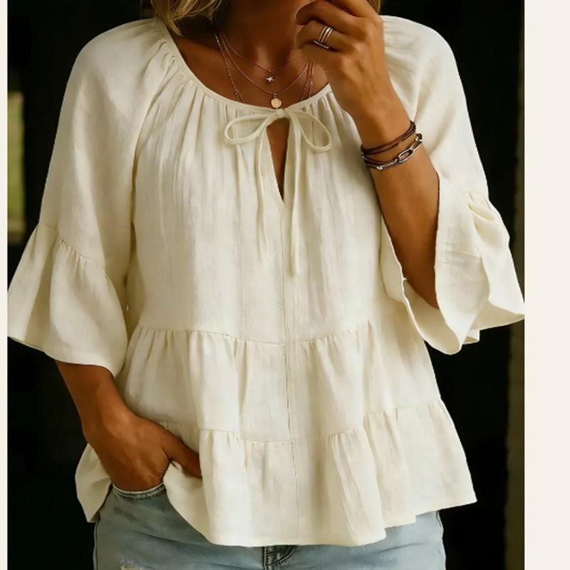 V-neck Three-quarter-sleeve Pleated Cotton-linen Blouse Top