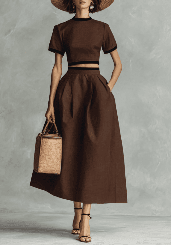 French-style Round Neck Short-sleeved Top  High-waisted Flared Skirt Set