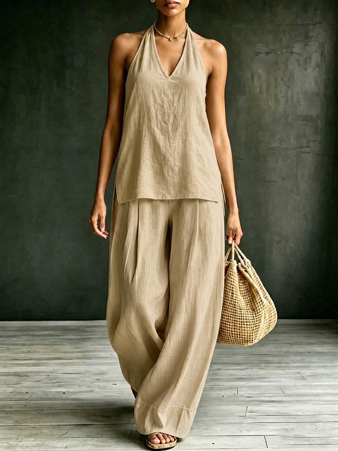 Women's Halter Neck V-Neck Sleeveless Casual Set