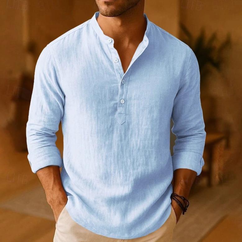 Springautumn New Men's Linen Casual Breathable Stand-collar Long-sleeve Shirt