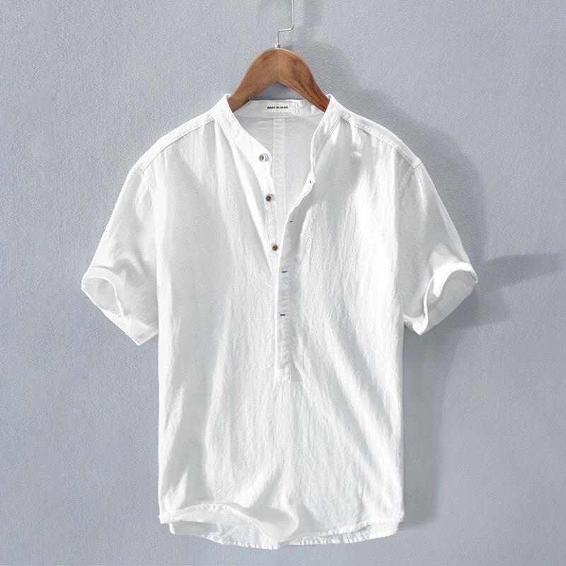 Solid-color Stand-collar Breathable Linen Casual Shirt