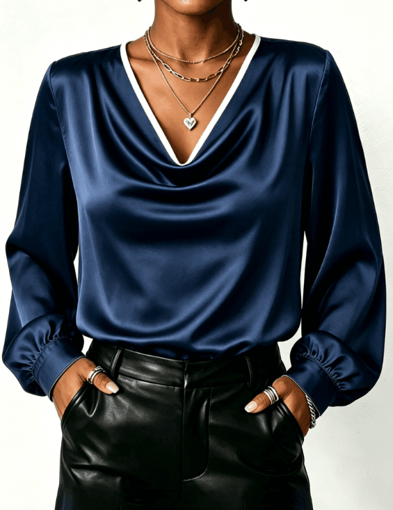 Tibetan Satin With White Border, Swinging Collar, Lantern, Long Sleeved Commuting Shirt