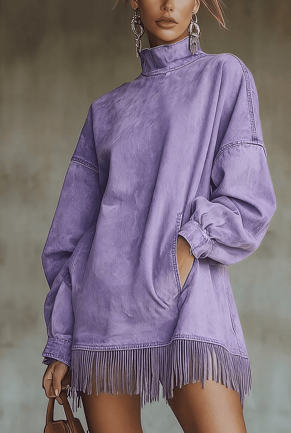 Loose Pocket Tassel Long-Sleeve Suede Dress