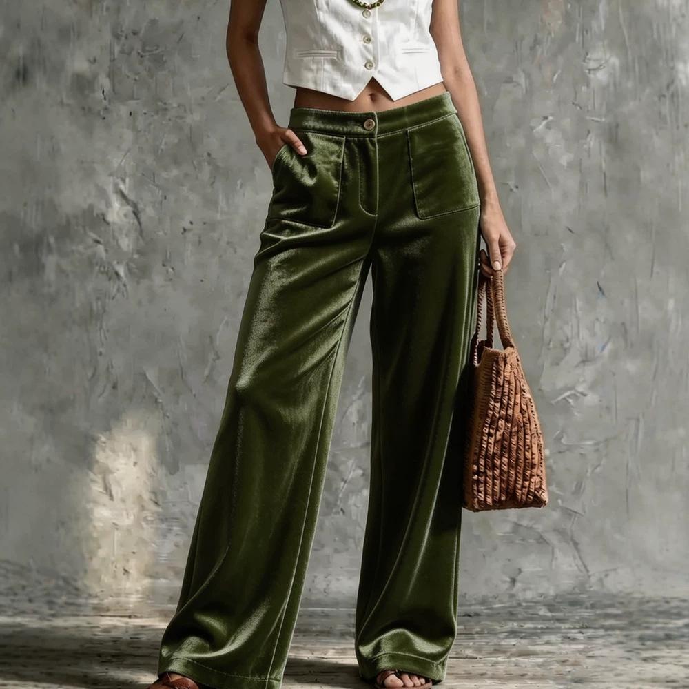 Womens Velvet Loose-fit Solid-color High-waisted Straight-leg Casual Pants With Pockets