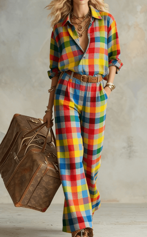 Vertical Striped Collared Loose Long-sleeved Shirt And Wide-leg Pants Suit