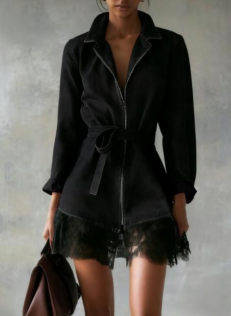 Lace-paneled Waist-cinching Zippered Denim Dress