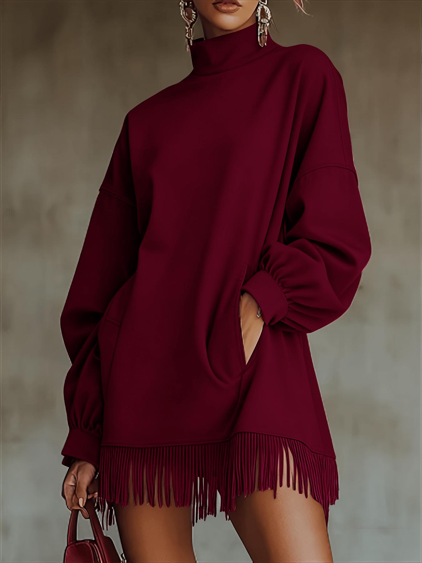 Loose Pocket Tassel Long-Sleeve Suede Dress