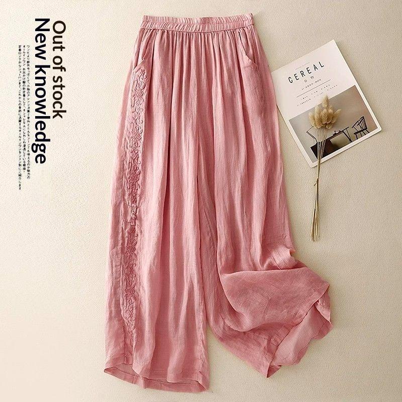 Embroidered Loose-fit Drapey Cotton-linen Pants