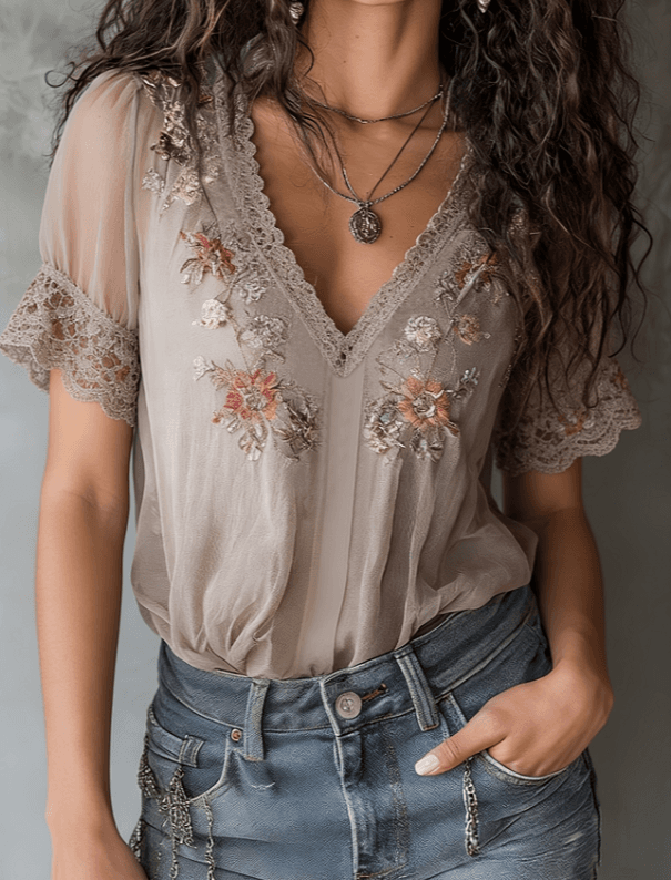 Bohemian Floral Print Short-Sleeved Chiffon Blouse