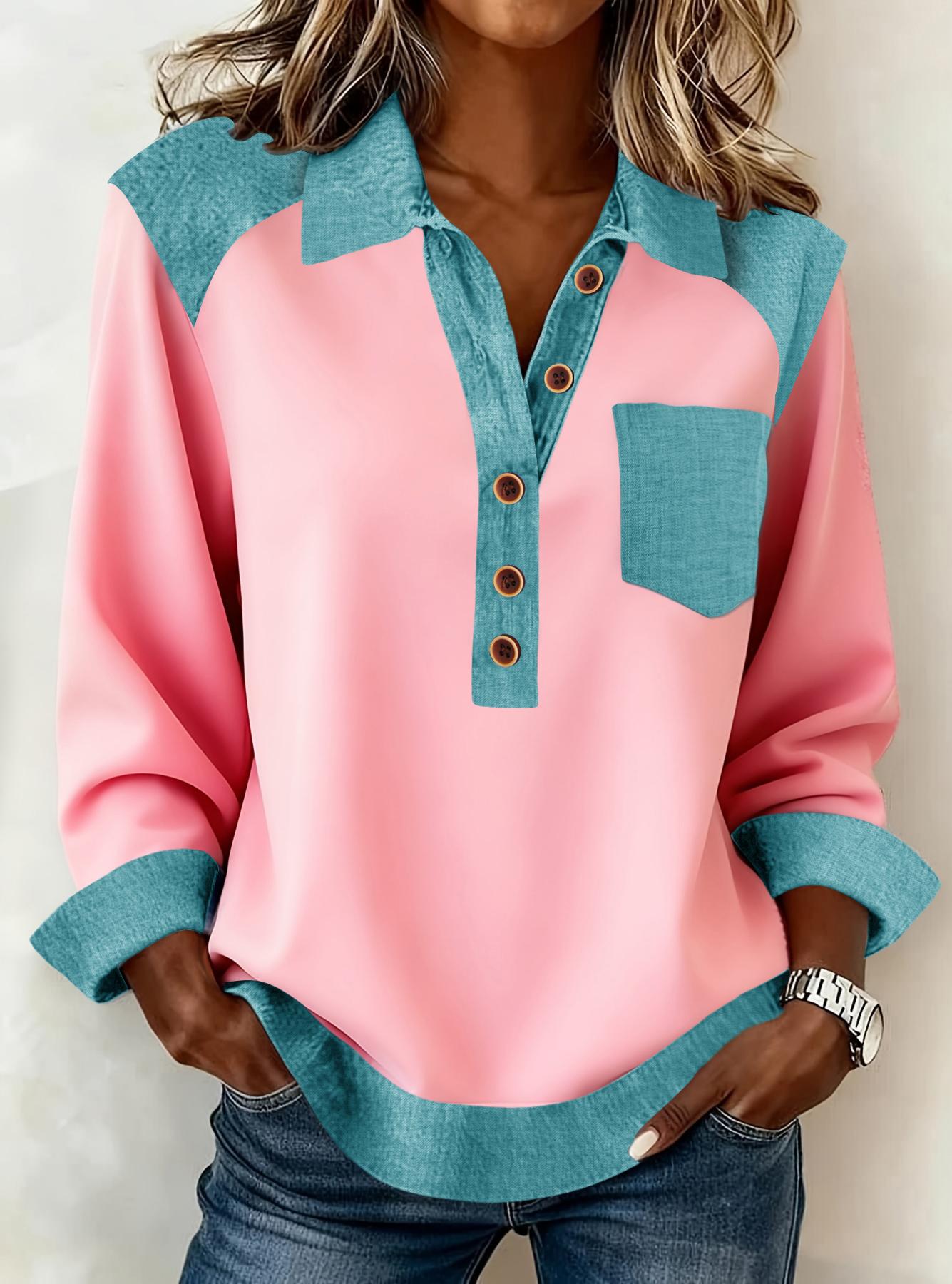 Denim Patchwork Collar Button-down Casual Long-sleeved Top