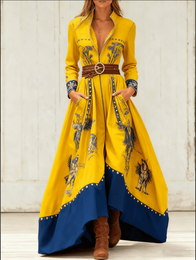 Casual Retro Color-blocked Waist-cinching Long Dress