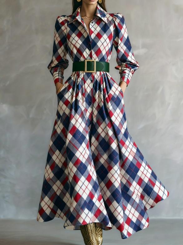 Waist-cinching Shirt Collar Casual Long Dress