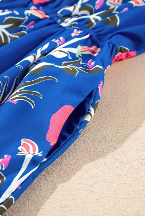 Sky Blue Flower Puff Sleeve Short Sleeve V-neck High Waist Dress