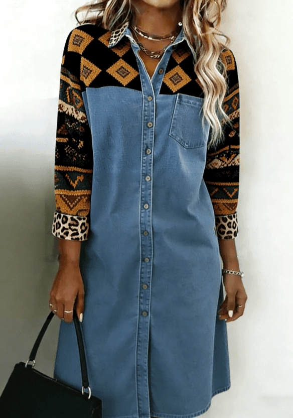 Retro-style Collared Women's Long-sleeved Midi Shirt Dress