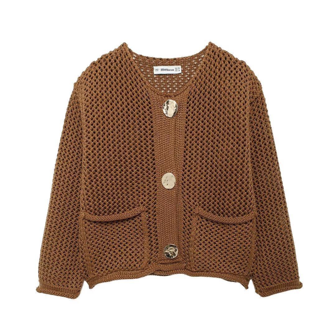 Womens Solid-color Single-breasted Round-neck Jacket With Two Pockets