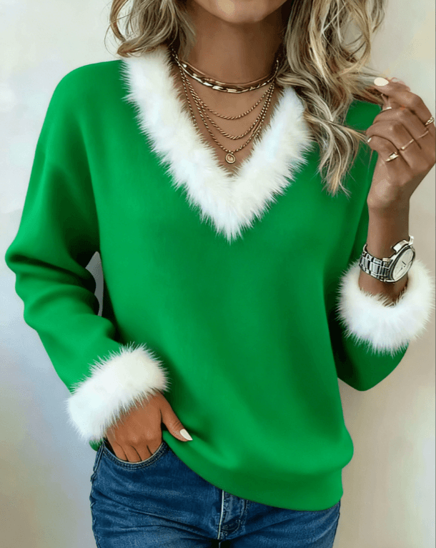 Casual V-neck Long-sleeved Fitted Top With Plush Trim