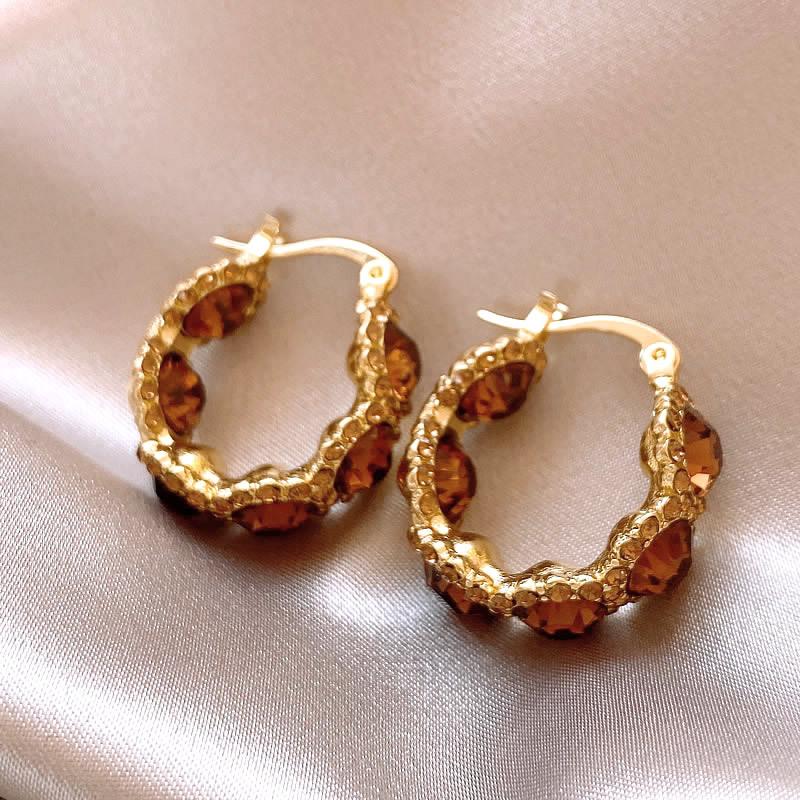 Elegant Light-luxury Coffee-colored Crystal Hoop Ear Clips