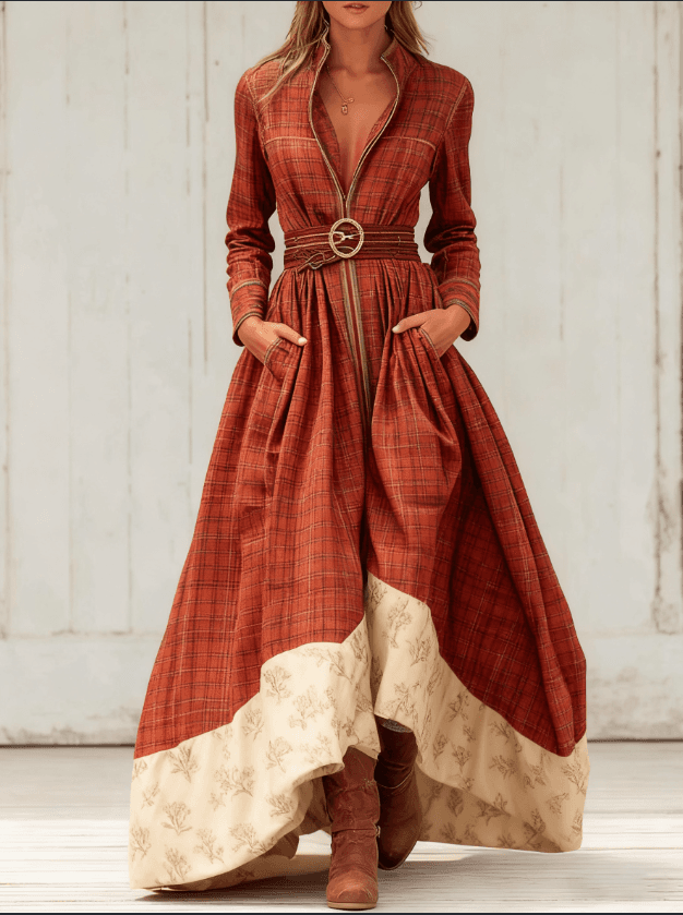 Casual Retro Color-blocked Waist-cinching Long Dress