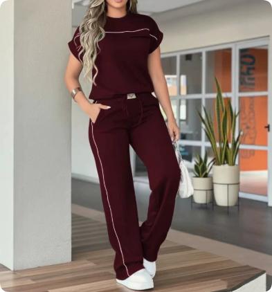 Womens Solid-Color Simple Crew-Neck Short-Sleeve Top And Straight-Leg Pants Set